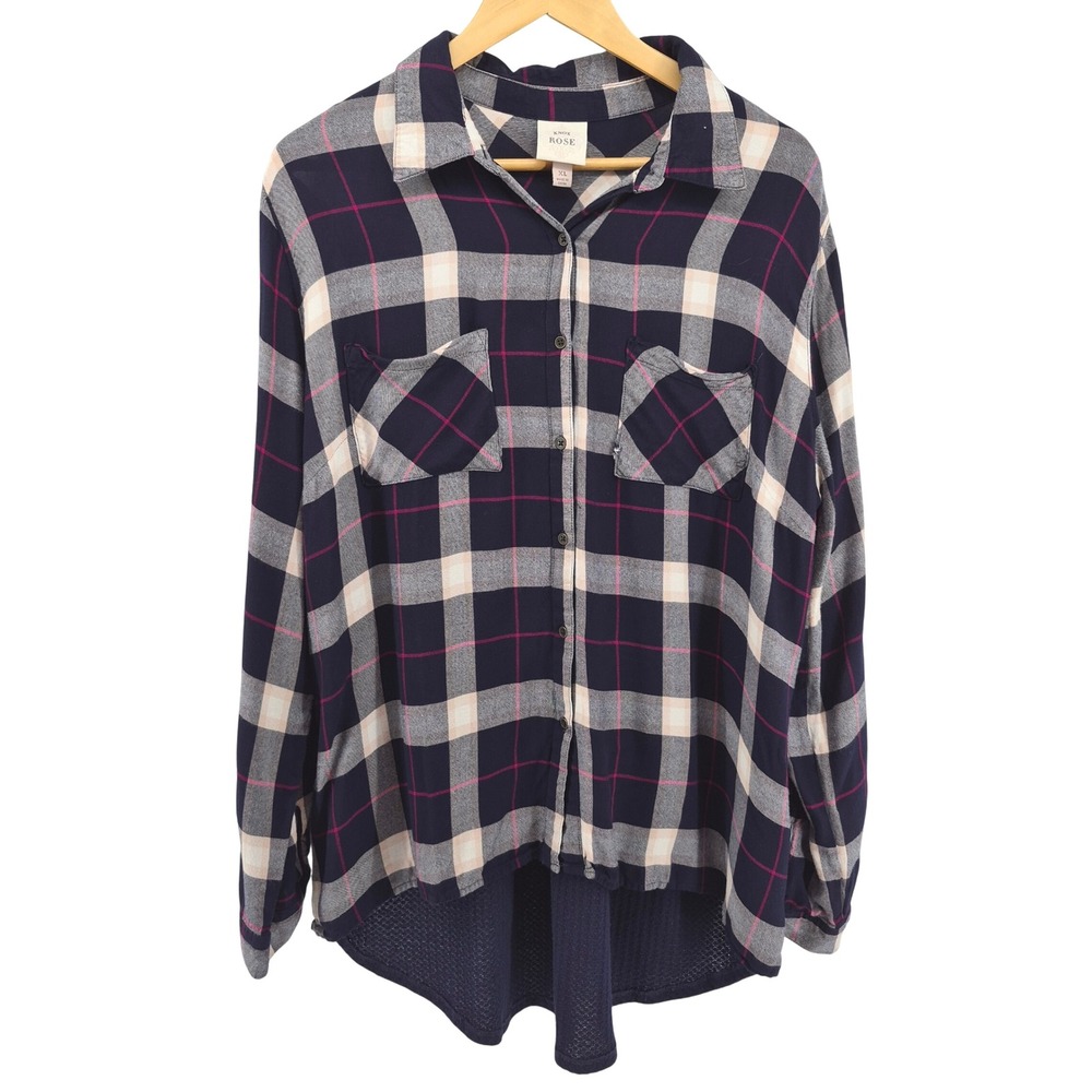 Knox Rose Womens XL Navy Pink Plaid Button Up Flannel Shirt Tunic Boho Slouchy
